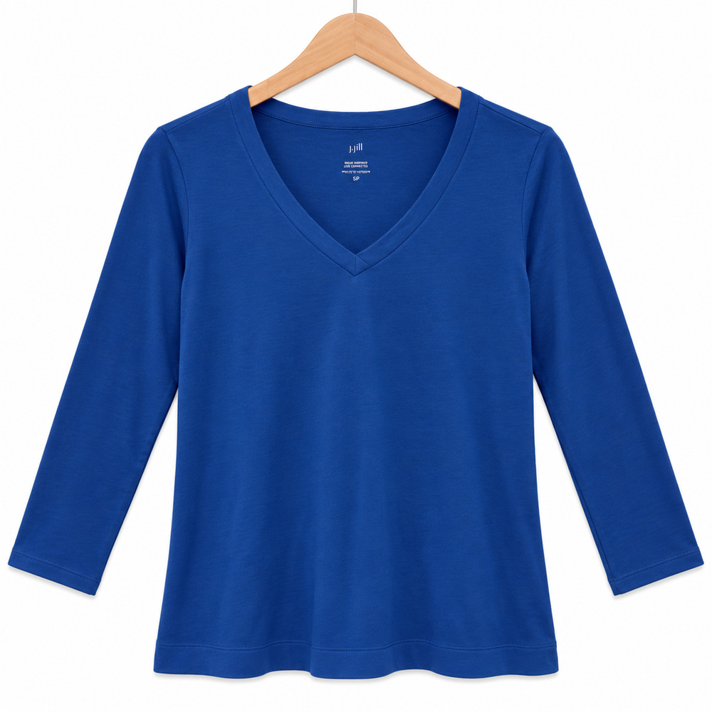 J Jill Simply Supima Side-Slit Tunic Top Womens PS Blue V-Neck 3/4 Sleeve NWT